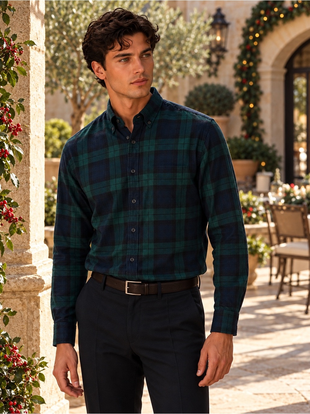 Uniqlo Men's Dark Green and Navy Checkered Shirt